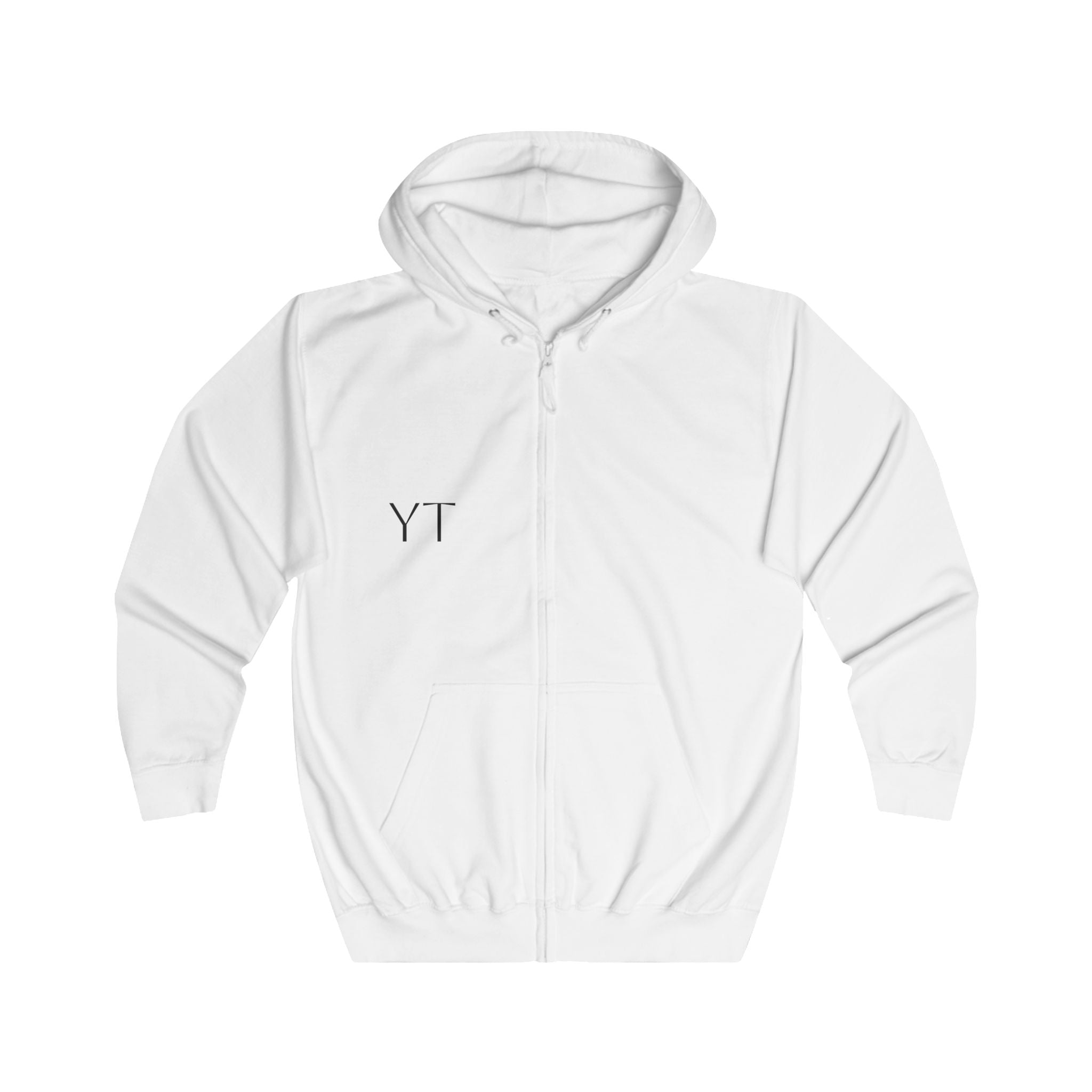 Minimalist 'YT' Zip Hoodie — White Full-Zip Hoodie with Subtle Chest Logo